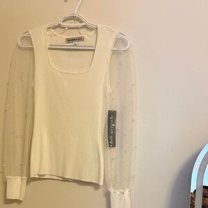 Madden Girl Cream Ribbed Top with Sheer Sleeves